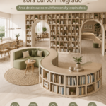 Aménagement d'un salon moderne avec bibliothèque en forme de S et canapé courbe.