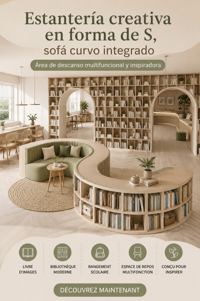 Aménagement d'un salon moderne avec bibliothèque en forme de S et canapé courbe.