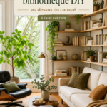 Une jolie bibliothèque DIY au-dessus d'un canapé dans un salon chaleureux.