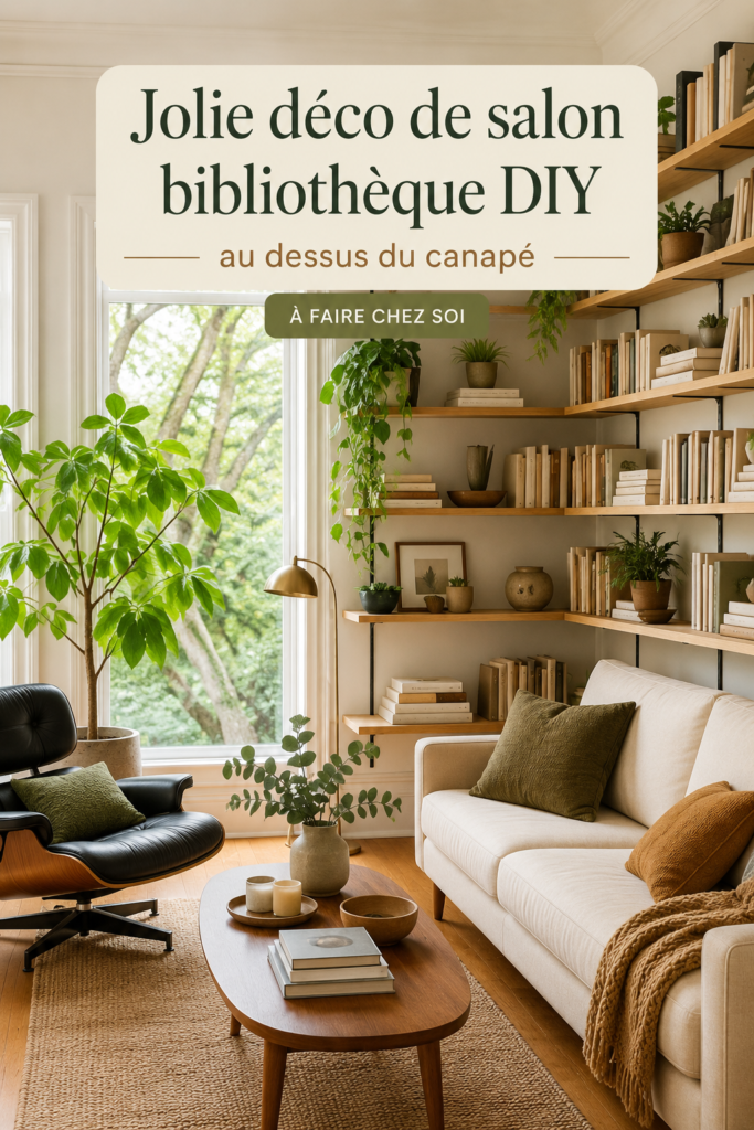 Une jolie bibliothèque DIY au-dessus d'un canapé dans un salon chaleureux.