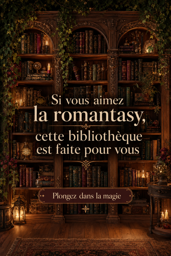 Une bibliothèque romantique avec des ouvrages variés et une décoration douce.