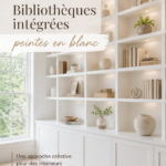 Bibliothèque intégrée peinte en bleu clair dans un salon moderne, ajoutant du style et du rangement.
