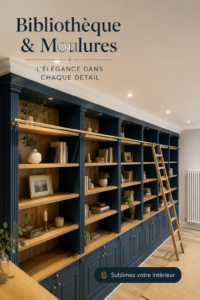 Bibliothèque moderne avec moulures élégantes dans un salon lumineux