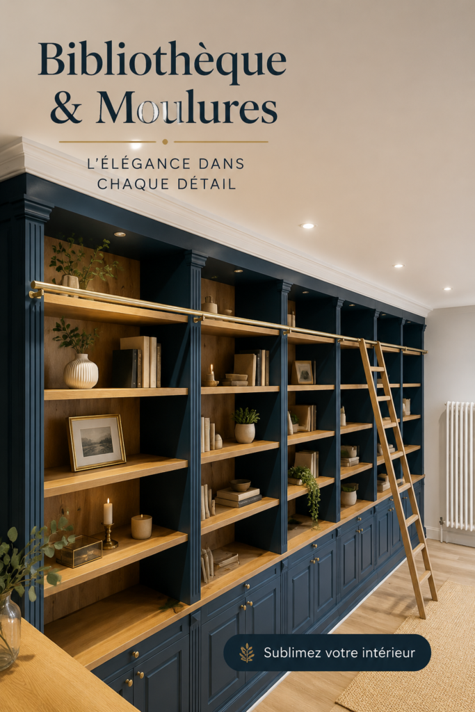 Bibliothèque moderne avec moulures élégantes dans un salon lumineux