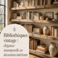 Bibliothèque vintage en bois au style élégant, remplie de livres et objets décoratifs