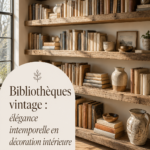 Bibliothèque vintage en bois au style élégant, remplie de livres et objets décoratifs