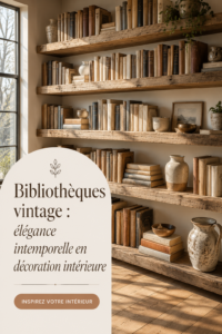 Bibliothèque vintage en bois au style élégant, remplie de livres et objets décoratifs