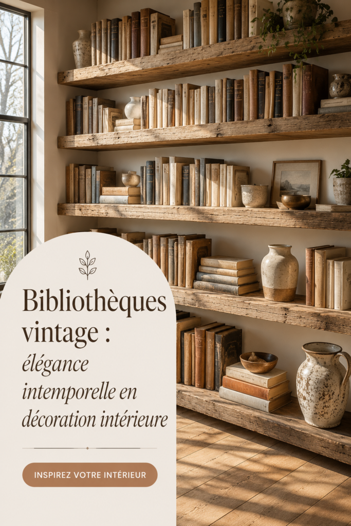 Bibliothèque vintage en bois au style élégant, remplie de livres et objets décoratifs