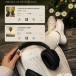 Une femme écoute des audiobooks avec des écouteurs dans un environnement cosy.