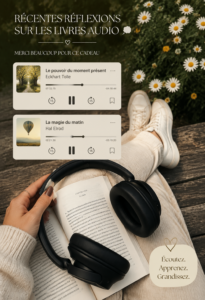 Une femme écoute des audiobooks avec des écouteurs dans un environnement cosy.