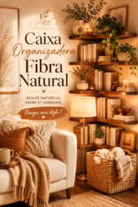 Boîtes de rangement élégantes en fibres naturelles sur une étagère en bois.
