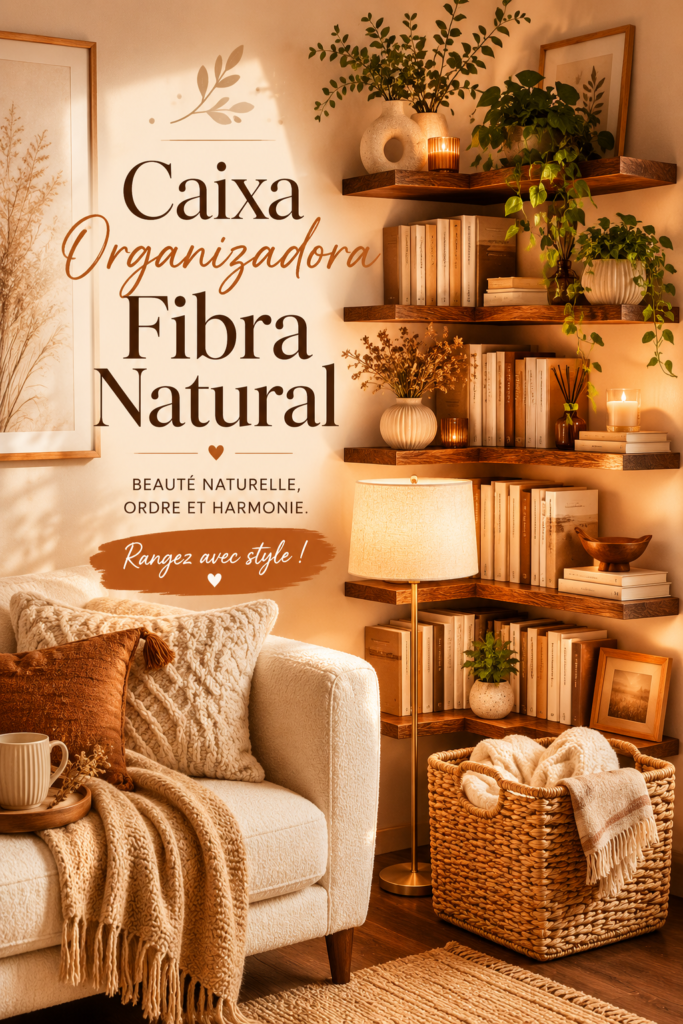 Boîtes de rangement élégantes en fibres naturelles sur une étagère en bois.