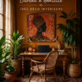 Bureau à domicile décoré dans un style Afro-hémien avec des couleurs vives et des motifs inspirants.