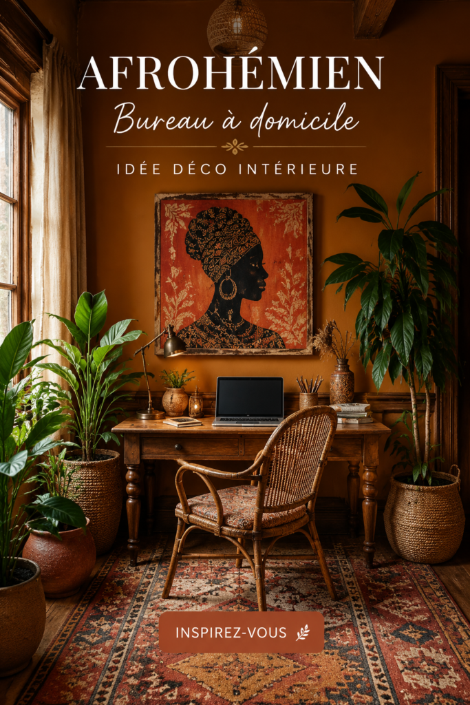 Bureau à domicile décoré dans un style Afro-hémien avec des couleurs vives et des motifs inspirants.