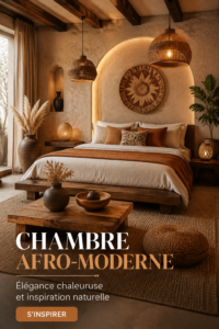 Chambre moderne avec un design afro et des couleurs terreuses