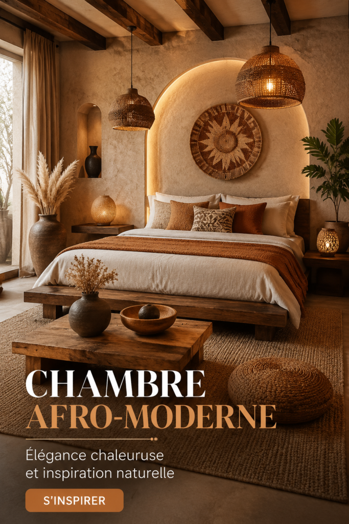 Chambre moderne avec un design afro et des couleurs terreuses
