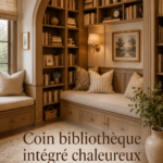 Un coin bibliothèque cosy avec des étagères en bois et un fauteuil confortable