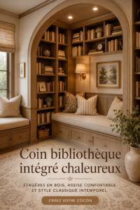 Un coin bibliothèque cosy avec des étagères en bois et un fauteuil confortable