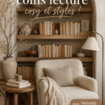Un coin lecture cosy avec un fauteuil confortable et des étagères remplies de livres.