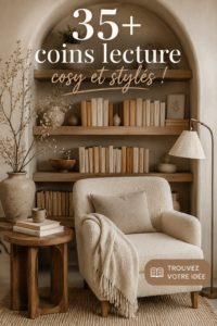 Un coin lecture cosy avec un fauteuil confortable et des étagères remplies de livres.