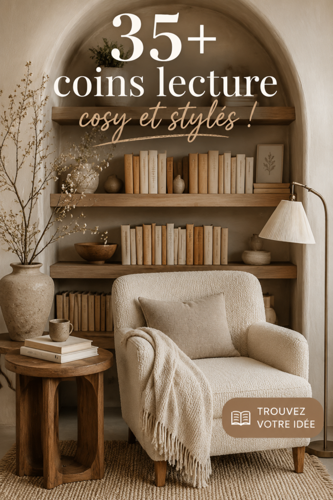 Un coin lecture cosy avec un fauteuil confortable et des étagères remplies de livres.