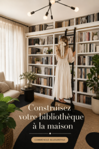 Une bibliothèque à domicile chaleureuse avec des étagères remplies de livres et des éléments décoratifs.
