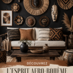 Un intérieur décoré dans un style afro-bohème avec des motifs africains et des éléments naturels.