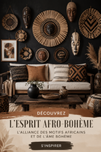 Un intérieur décoré dans un style afro-bohème avec des motifs africains et des éléments naturels.