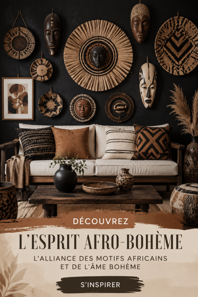 Un intérieur décoré dans un style afro-bohème avec des motifs africains et des éléments naturels.