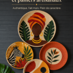 Un mur décoré avec des assiettes africaines et des paniers bohèmes, créant une ambiance chaleureuse.