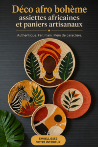 Un mur décoré avec des assiettes africaines et des paniers bohèmes, créant une ambiance chaleureuse.