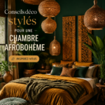 Chambre avec une décoration afrobohémienne comprenant des tissus colorés et du mobilier en bois naturel.