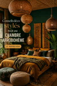 Chambre avec une décoration afrobohémienne comprenant des tissus colorés et du mobilier en bois naturel.