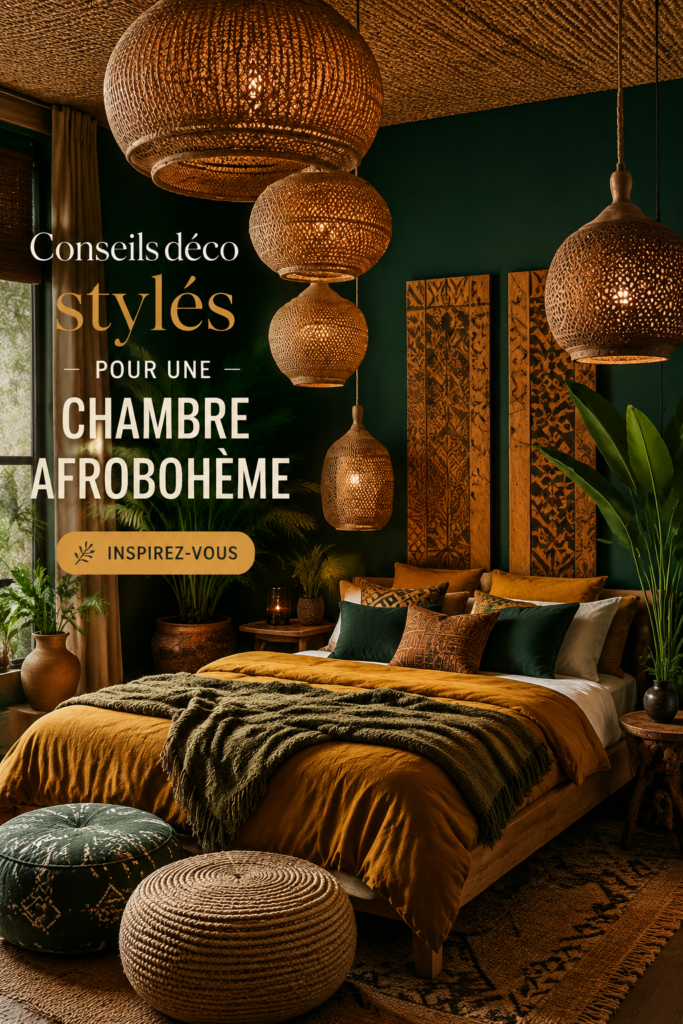 Chambre avec une décoration afrobohémienne comprenant des tissus colorés et du mobilier en bois naturel.