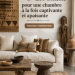 Chambre décorée dans un style afro-héménien, avec des textiles colorés et des pièces artisanales.