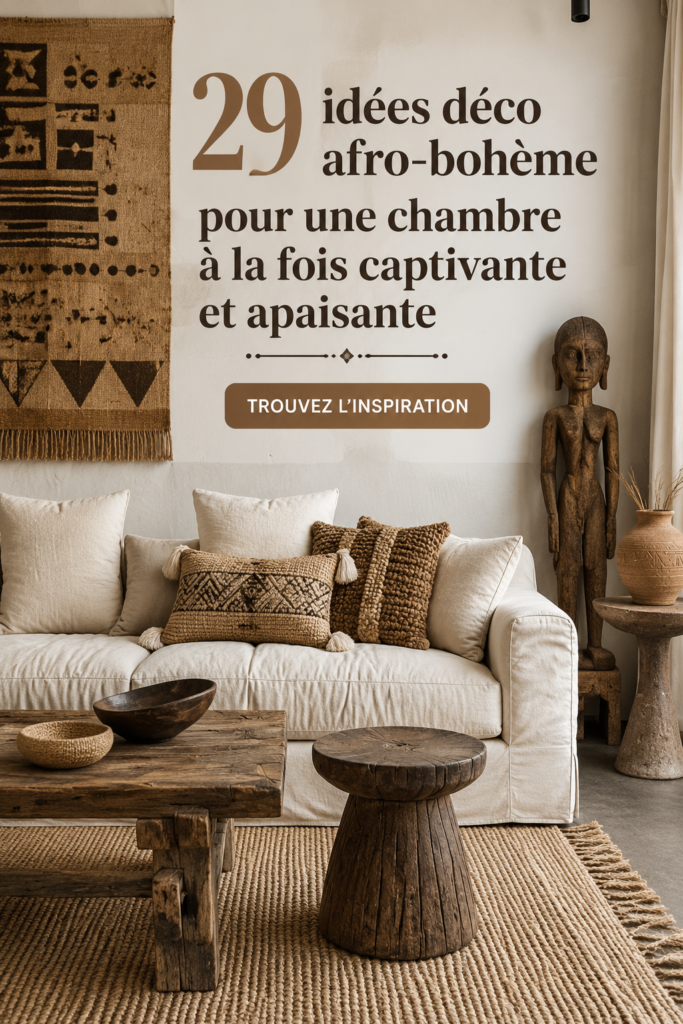 Chambre décorée dans un style afro-héménien, avec des textiles colorés et des pièces artisanales.