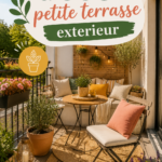 Petite terrasse décorée avec des plantes et du mobilier confortable