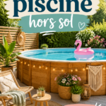 Décoration d'une piscine hors sol entourée de plantes et de meubles d'extérieur.