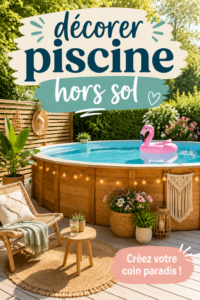 Décoration d'une piscine hors sol entourée de plantes et de meubles d'extérieur.