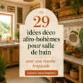 Salle de bain décorée dans un style afro-hawaiien avec des motifs tropicaux.