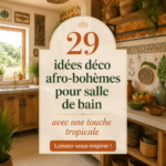 Salle de bain décorée dans un style afro-hawaiien avec des motifs tropicaux.