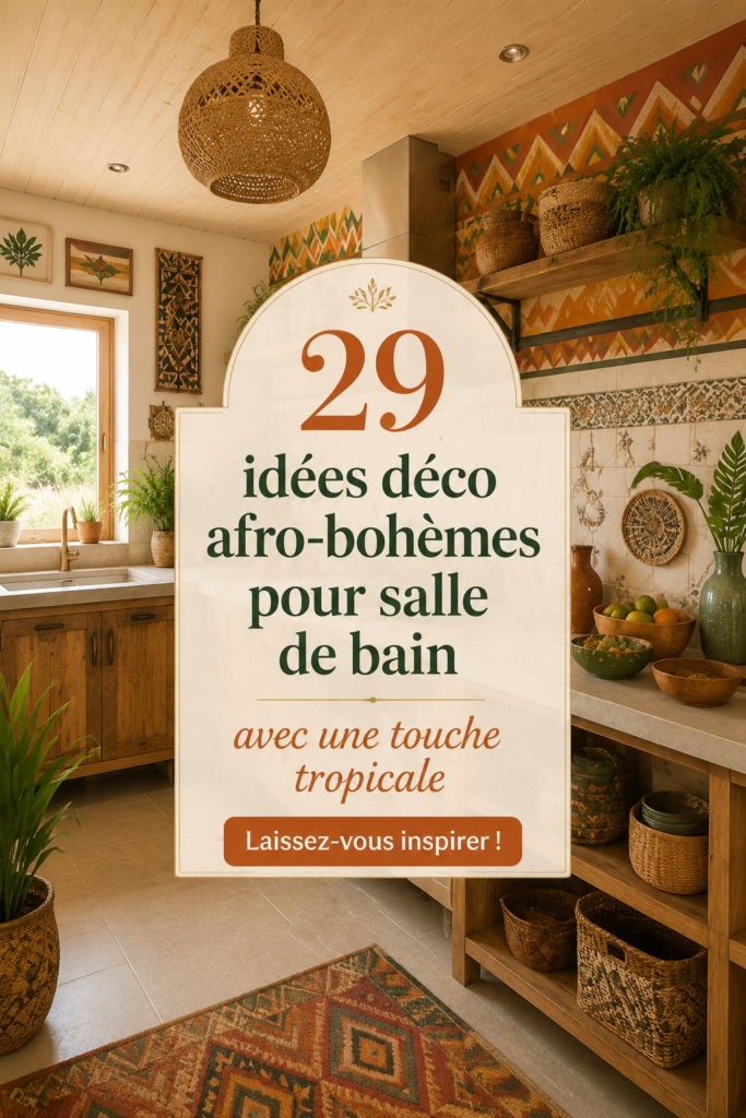 Salle de bain décorée dans un style afro-hawaiien avec des motifs tropicaux.