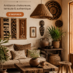 Un salon décoré dans un style afro-h avec des couleurs terrestres et des éléments culturels