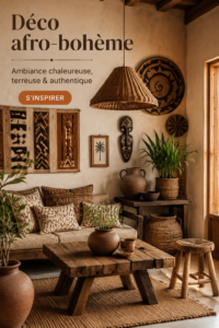Un salon décoré dans un style afro-h avec des couleurs terrestres et des éléments culturels