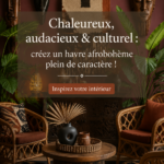 Un intérieur afro-hémien chaleureux avec des couleurs vives et des motifs culturels.