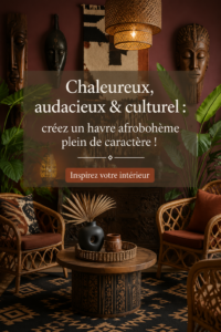 Un intérieur afro-hémien chaleureux avec des couleurs vives et des motifs culturels.