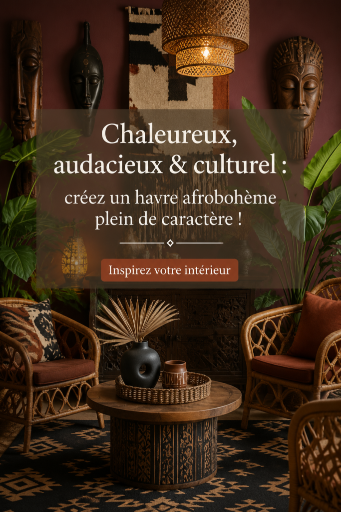 Un intérieur afro-hémien chaleureux avec des couleurs vives et des motifs culturels.