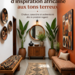Entrée moderne décorée dans un style africain avec des couleurs chaudes et des éléments naturels.