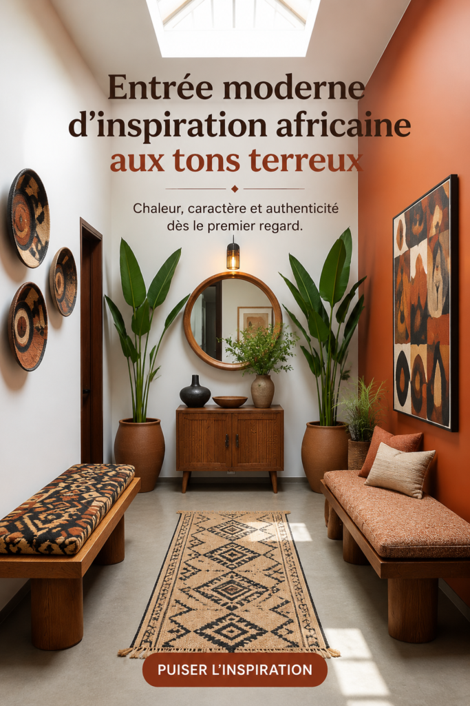 Entrée moderne décorée dans un style africain avec des couleurs chaudes et des éléments naturels.