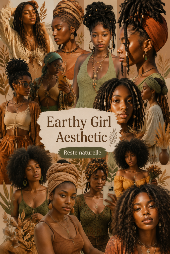 Femme portant une tenue inspirée de l'esthétique Earthy Girl avec des couleurs naturelles.